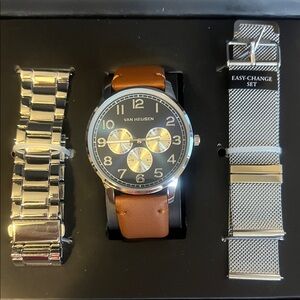 Van Heusen Men's Silver Case Watch with Brown Leather Strap